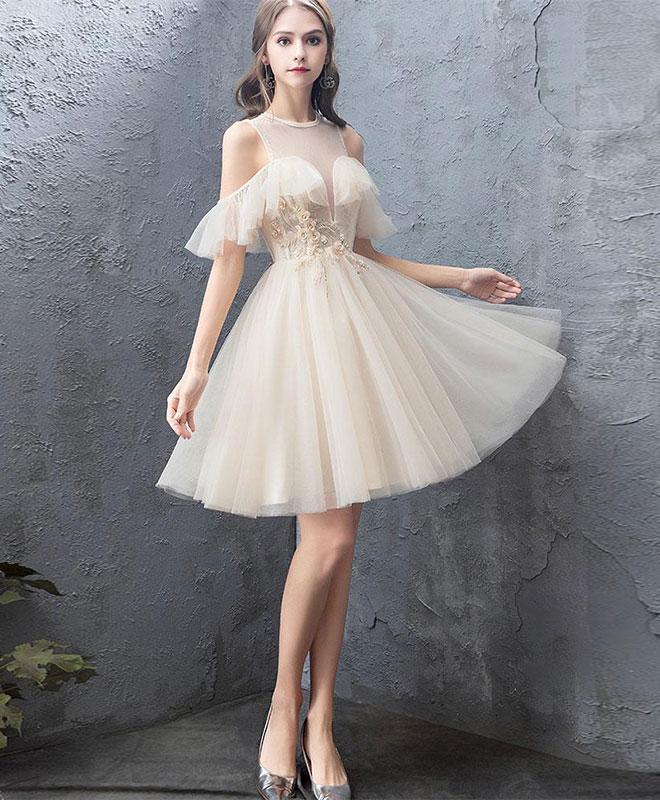 Cute Round Neck Tulle Champagne Short Prom Dress Homecoming Dress