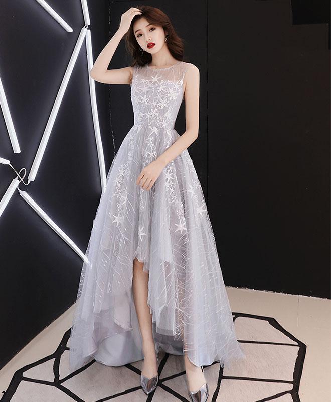 gray Tulle Lace High Low Prom Dress,gray Tulle Evening Dress