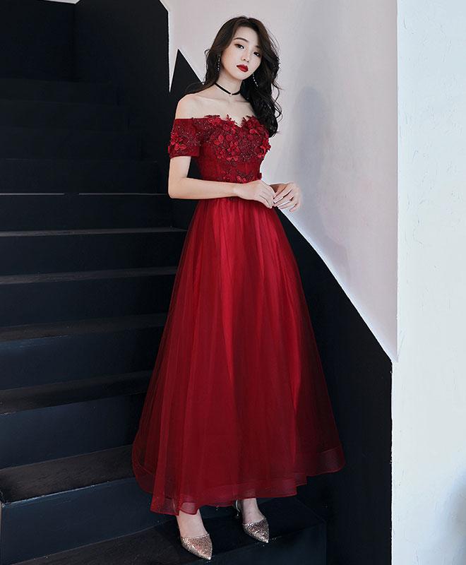 Pretty Burgundy Lace Tulle Prom Dress,One Shoulder Party Evening Dress cc2933 main image 1