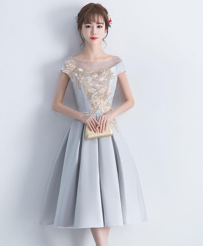 Gray Satin Lace Short Prom Dress,gray Bridesmaid Dress