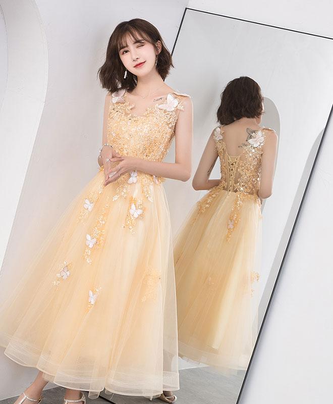 Gold V Neck Tulle Lace Short Prom Dress,gold Homecoming Dress