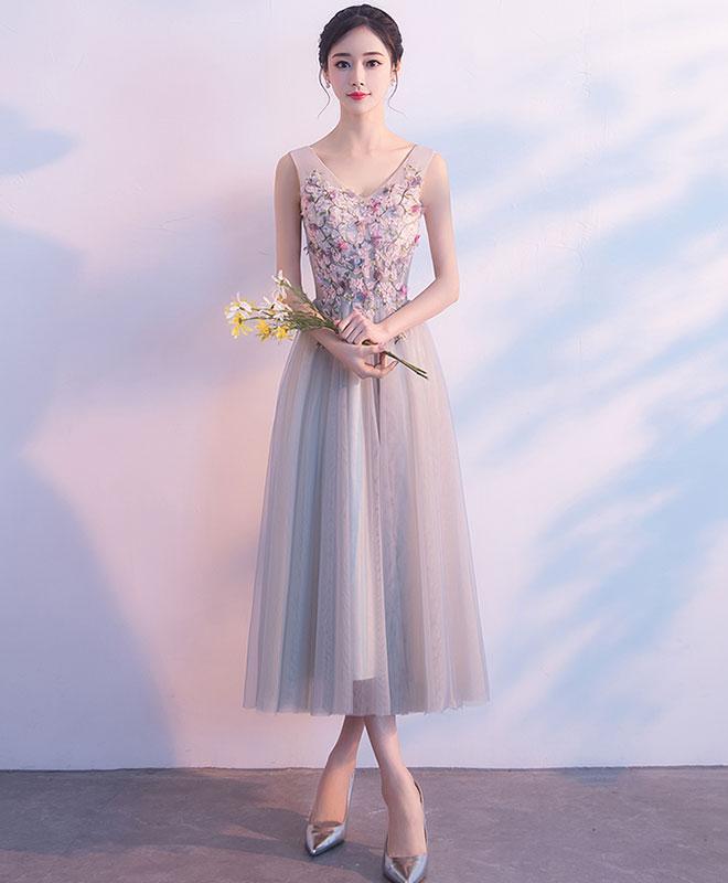 Yellow v neck tulle lace short prom dress Unique design homecoming dress