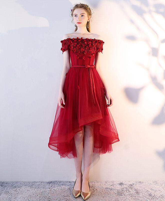 Burgundy Off Shoulder Tulle Lace Short Prom Dress burgundy