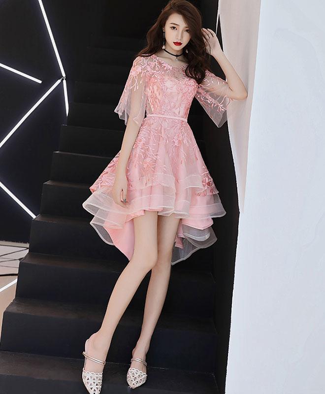 Light Pink Round Neckline High Low Simple Party Dress, Pink New Style Homecoming Dress