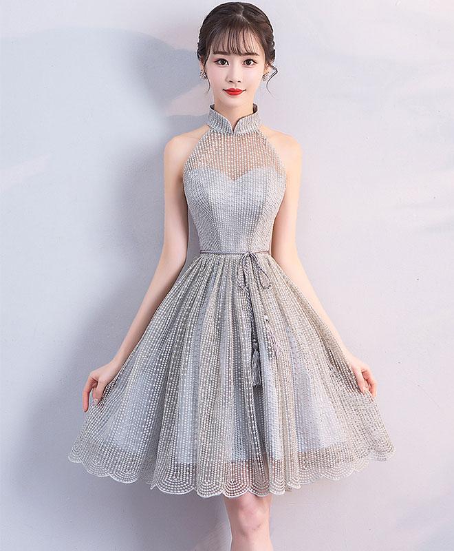 Gray High Neck Short Prom Dress,gray Homecoming Dress