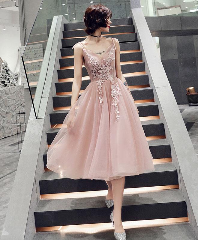 Simple Pink V Neck Tulle Short Prom Dress,pink Homecoming Dress