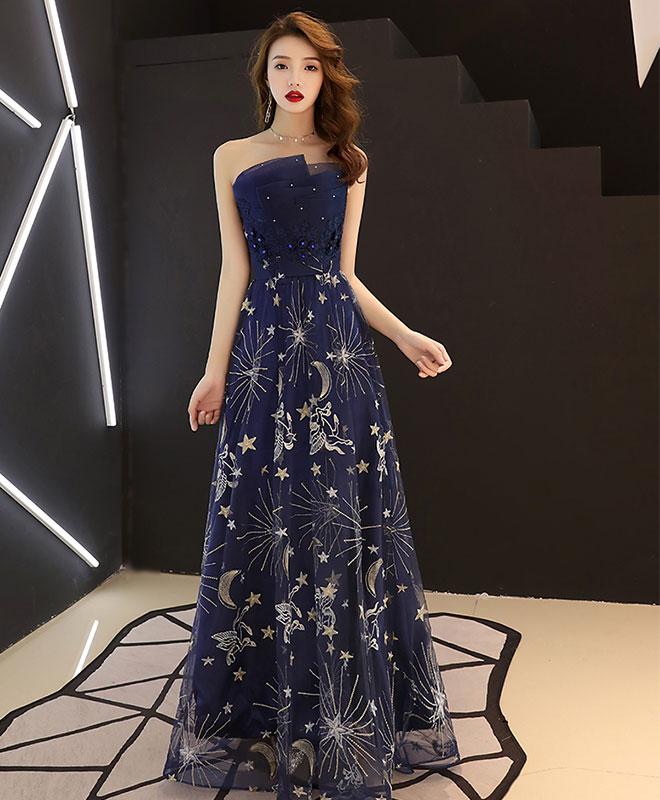 Dark Blue Tulle Lace Long Prom Dress,blue Evening Dress