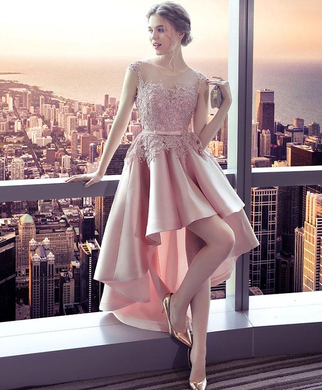 Pink Lace Satin High Low Prom Dress,homecoming Dress