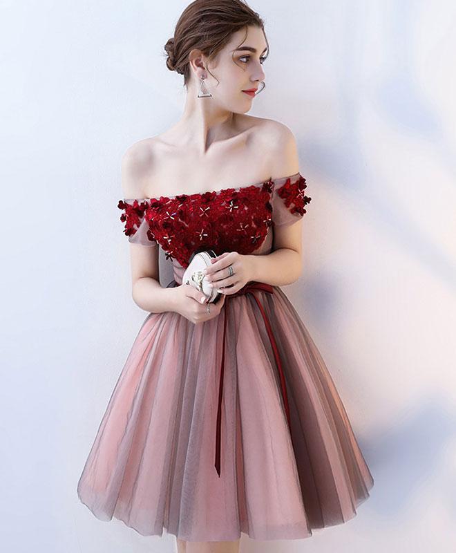 Burgundy Tulle Off Shoulder Short Prom Dress,burgundy Homecoming Dress