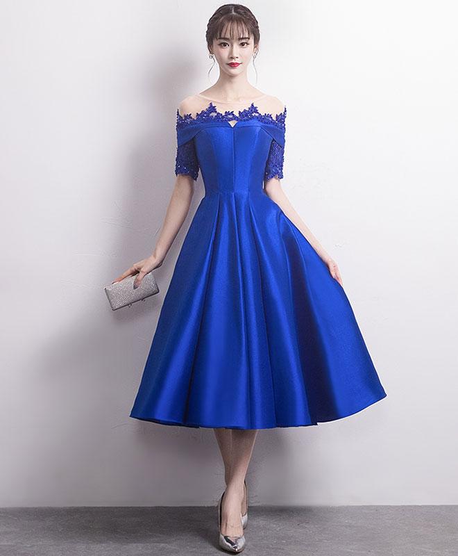 Blue Round Neck Satin Lace Prom Dress,blue Bridesmaid Dress