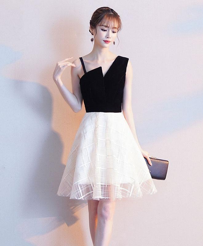 Black One Shoulder Tulle Short Prom Dress,white Homecoming Dress