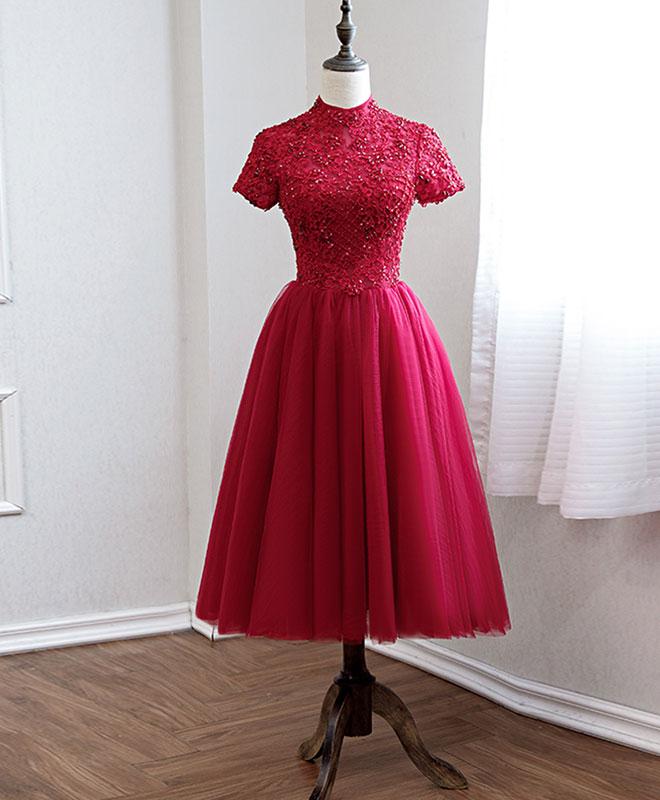 Burgundy Lace Tulle Prom Dress,burgundy Bridesmaid Dress