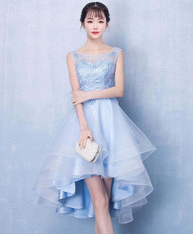 Blue Tulle High Low Lace Prom Dress,blue Tulle Lace Homecoming Dress