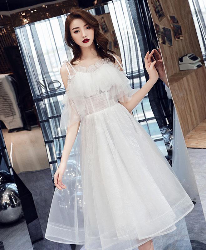 white tulle homecoming dress Short Ruffle Tulle Homecoming Dress with Spaghetti Straps – DressesTailor main image 1