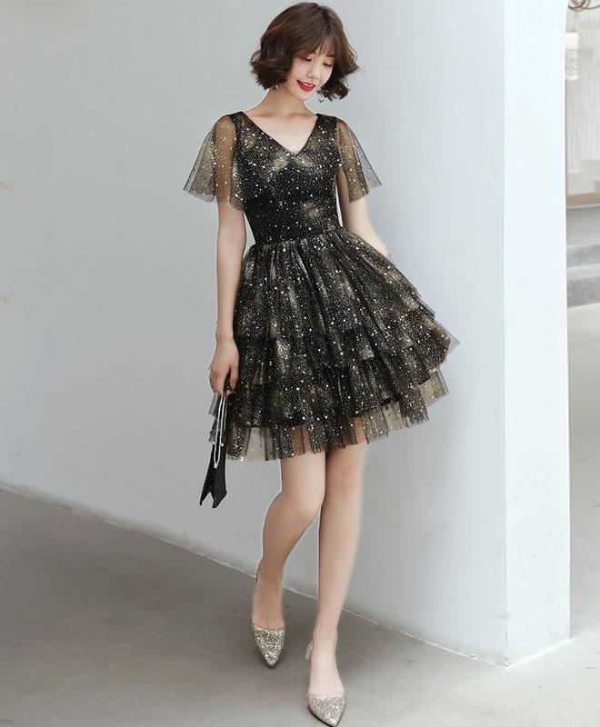 Black V Neck Tulle Sequin Short Prom Dress,black Homecoming Dress