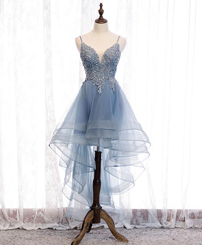 Blue Sweetheart Tulle Lace High Low Prom Dress,blue Homecoming Dress