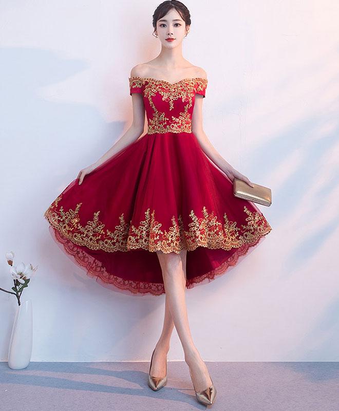 Burgundy Tulle Lace Short Prom Dress,high Low Bridesmaid Dress