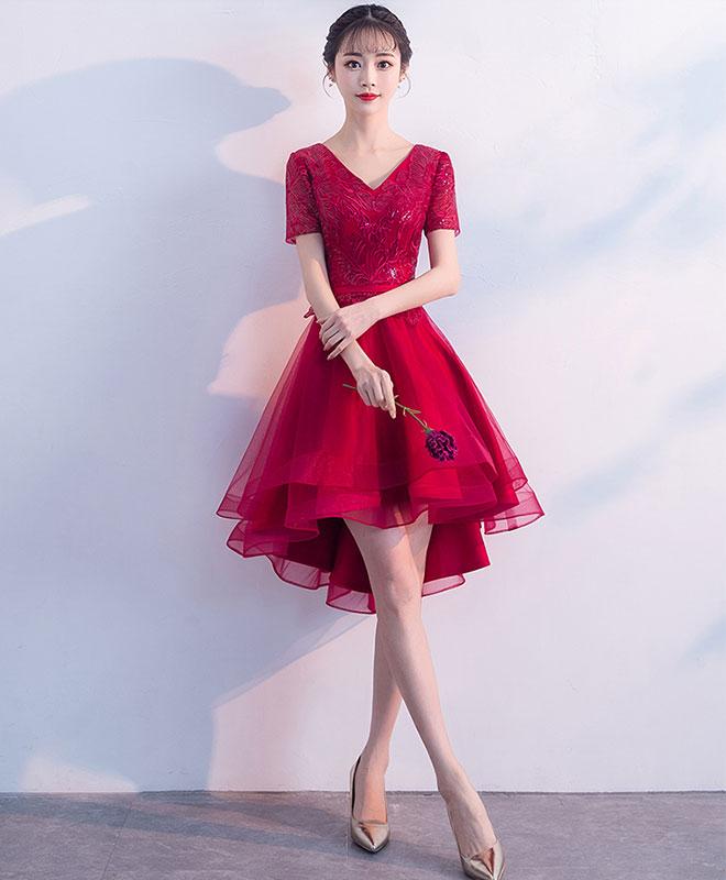 Burgundy V Neck Tulle Lace Short Prom Dress,burgundy Homecoming Dress