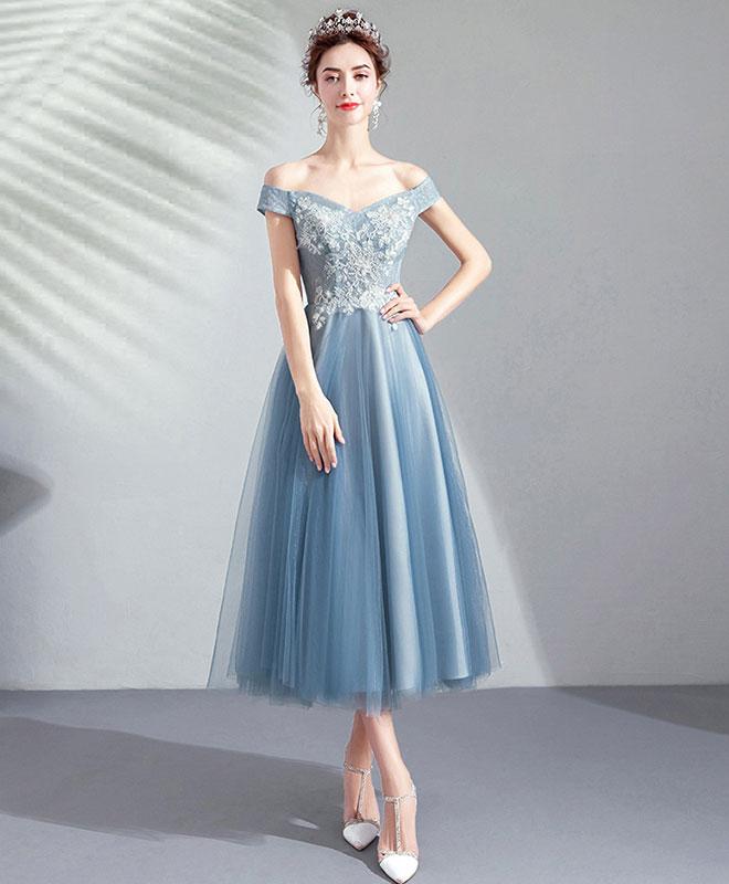 Blue Tulle Lace Short Prom Dress Blue Lace Bridesmaid Dress