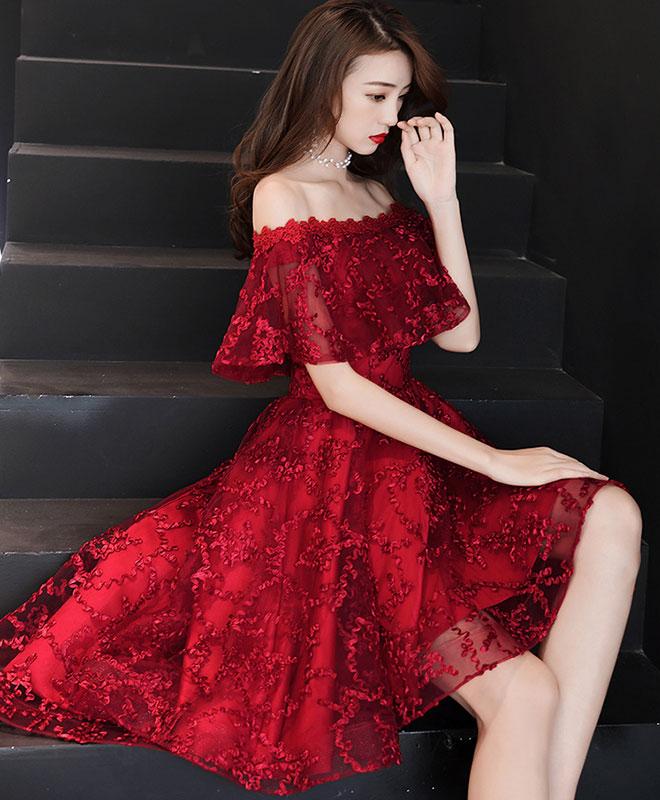16822 Burgundy Short Front Long Back Lace Tulle Princess Dress