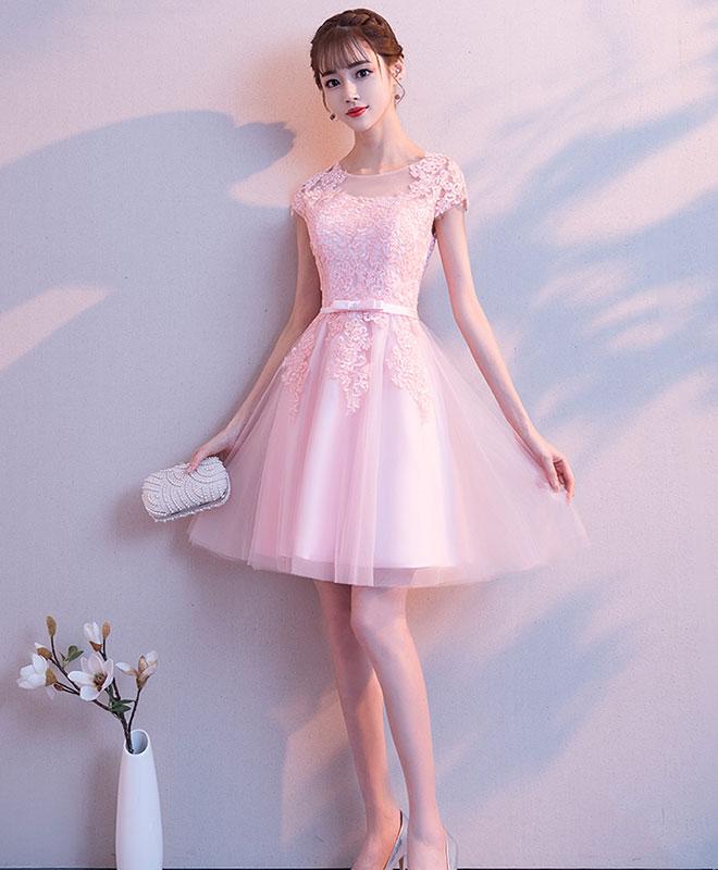 Pink Round Neck Tulle Lace Short Prom Dress Pink Cocktail Dress