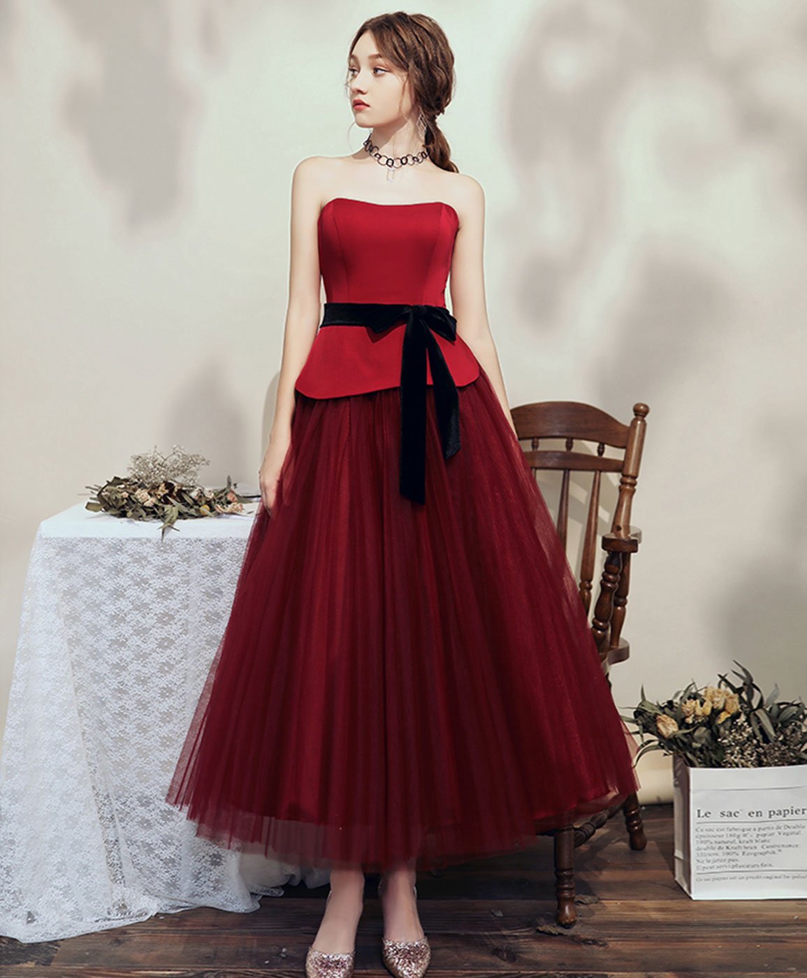 Simple Burgundy Tulle Tea Length Short Prom Dress Bridesmaid Dress