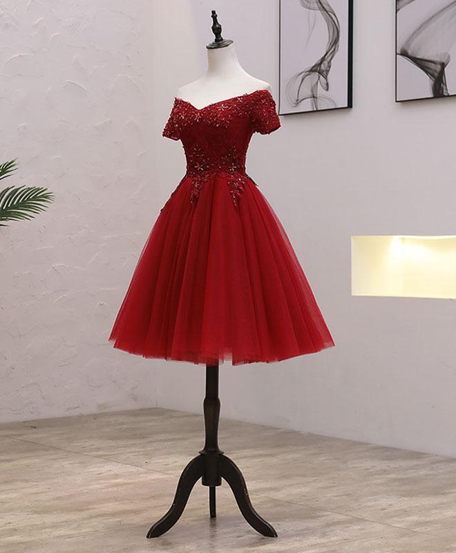 Burgundy Off Shoulder Lace Tulle Short Prom Dress Burgundy Formal Dress