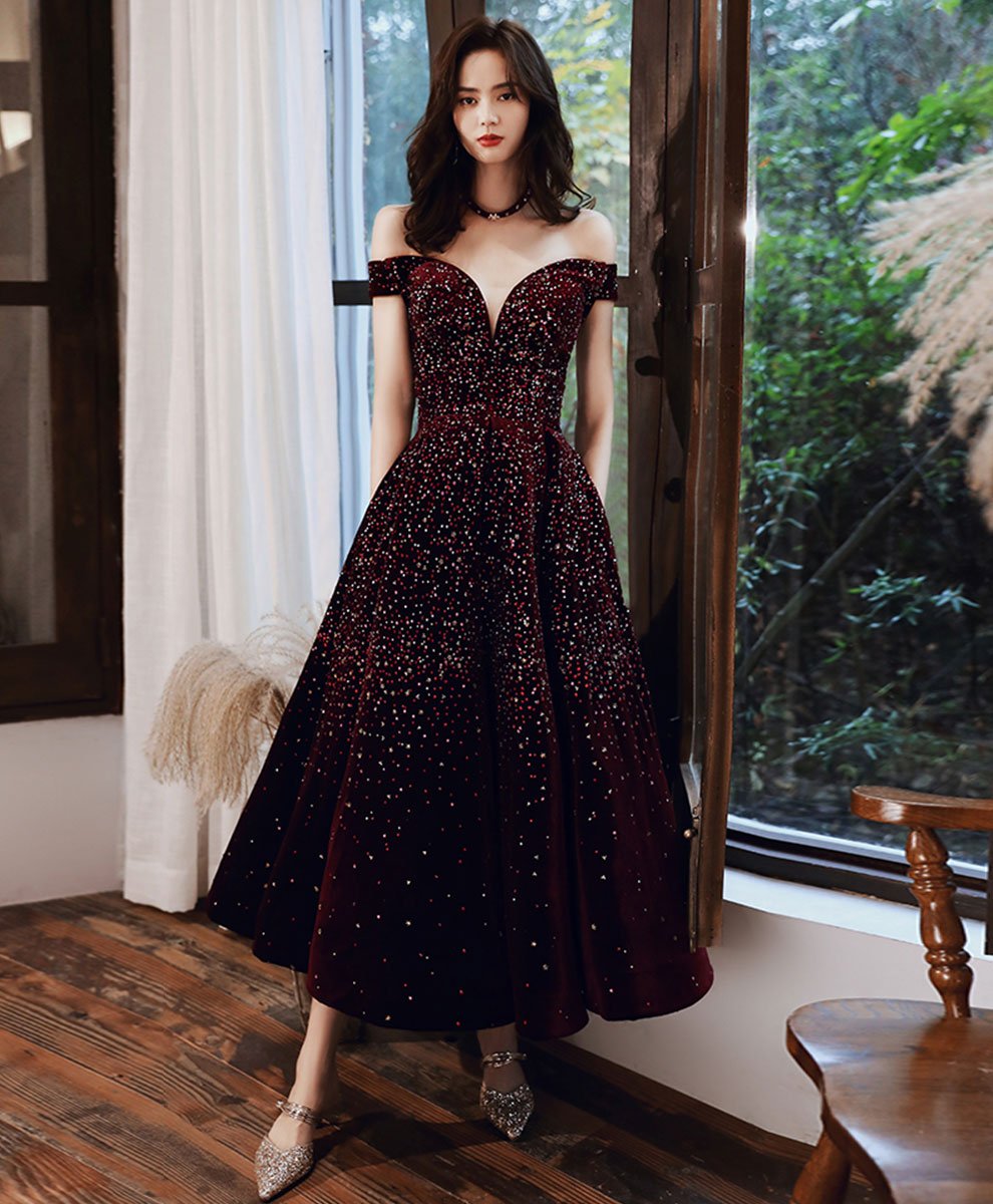 Burgundy Sequin Tea Length Prom Dress Burgundy Evening Dress