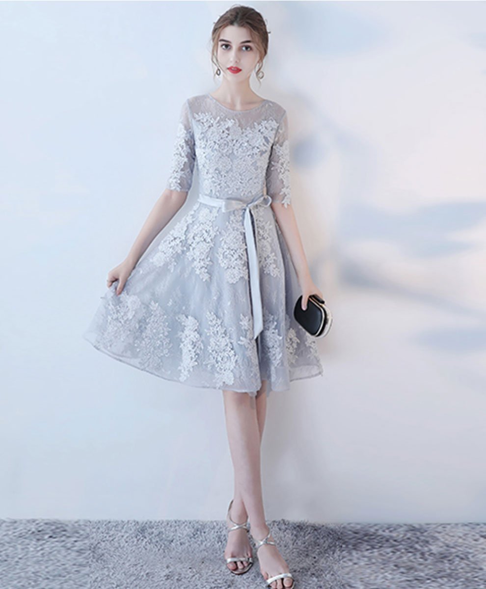 Gray Round Neck Tulle Lace Short Prom Dress Gray Homecoming Dress