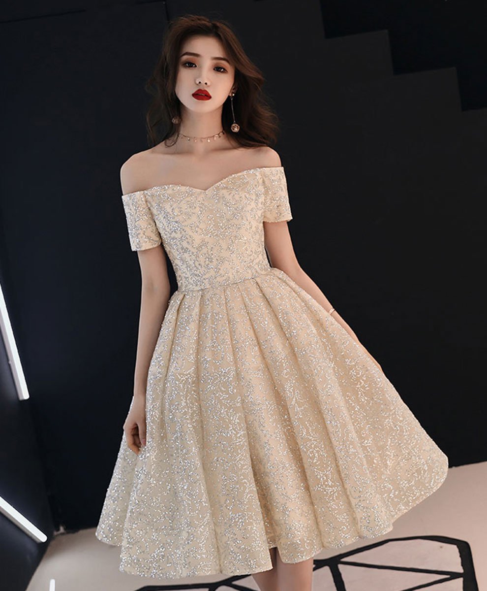Champagne Sweetheart Tulle Sequin Short Prom Dress