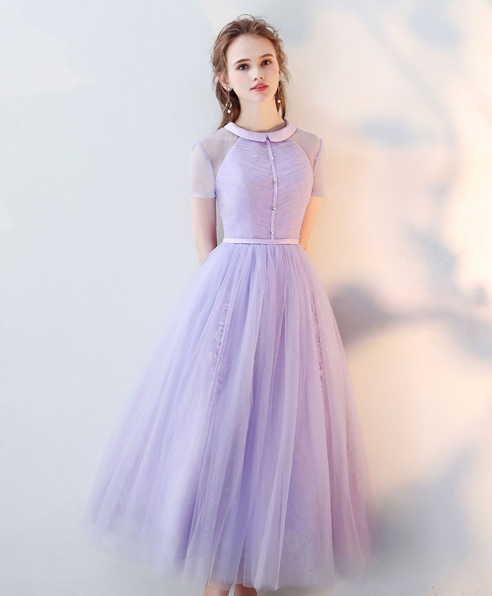 Lavender Tulle Lace Prom Dress,tea Length A Line Lace Evening Dresses