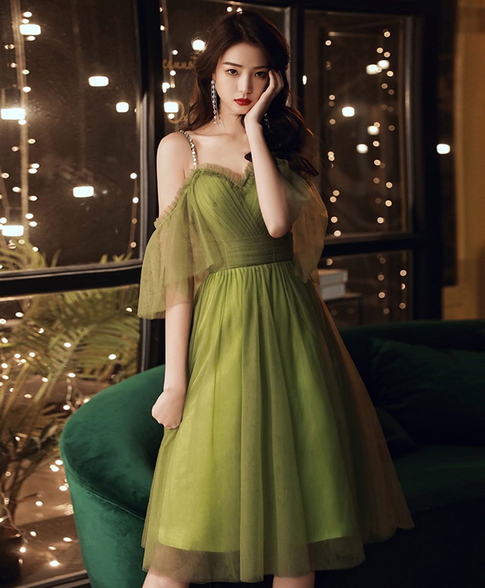 Simple Green Tulle Short Prom Dress Green Evening Dress