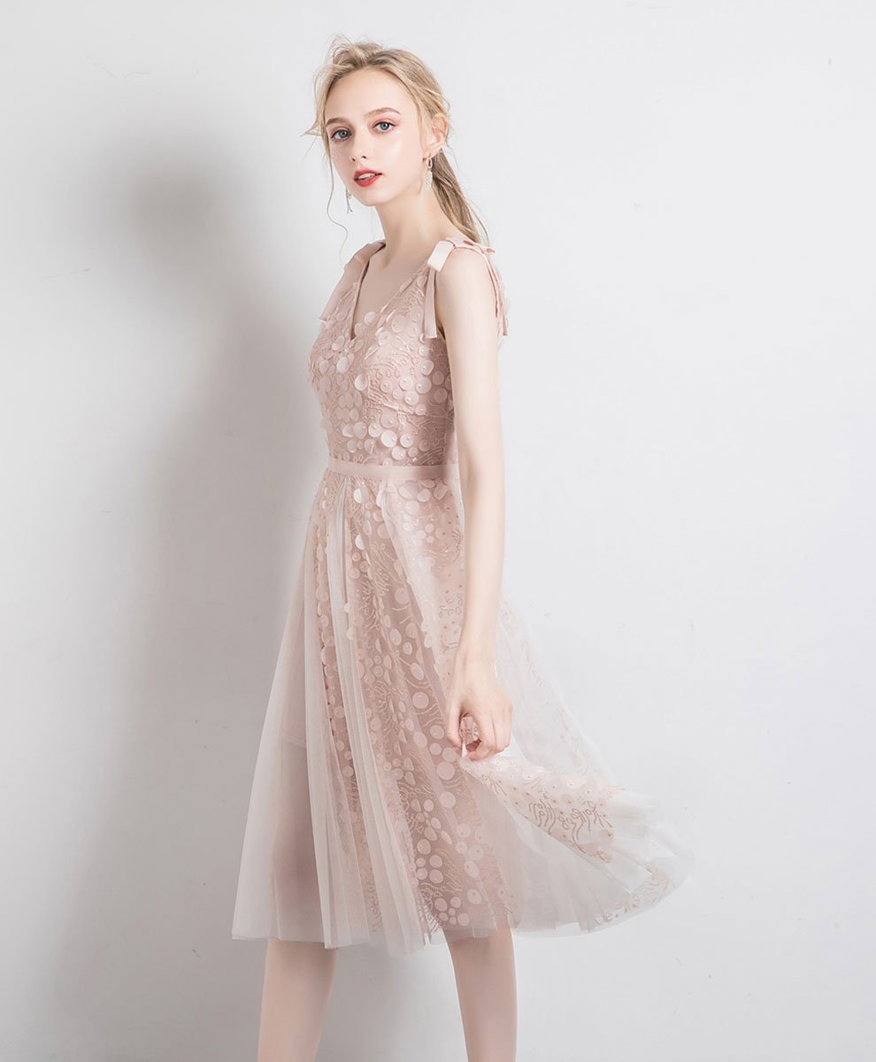 Light Pink Tulle V Neck Lace Short Prom Dress Tulle Lace Formal Dress