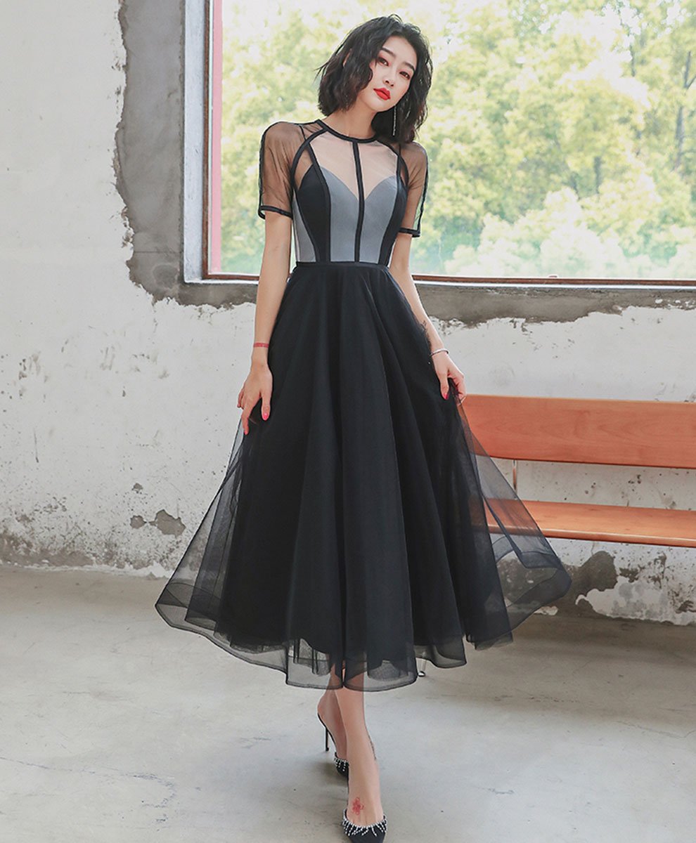 short black tulle dress Berylove Women Tulle Little Black Dress Ruched A Line Cap Sleeves Graduation Dress, Black / US16 main image 1