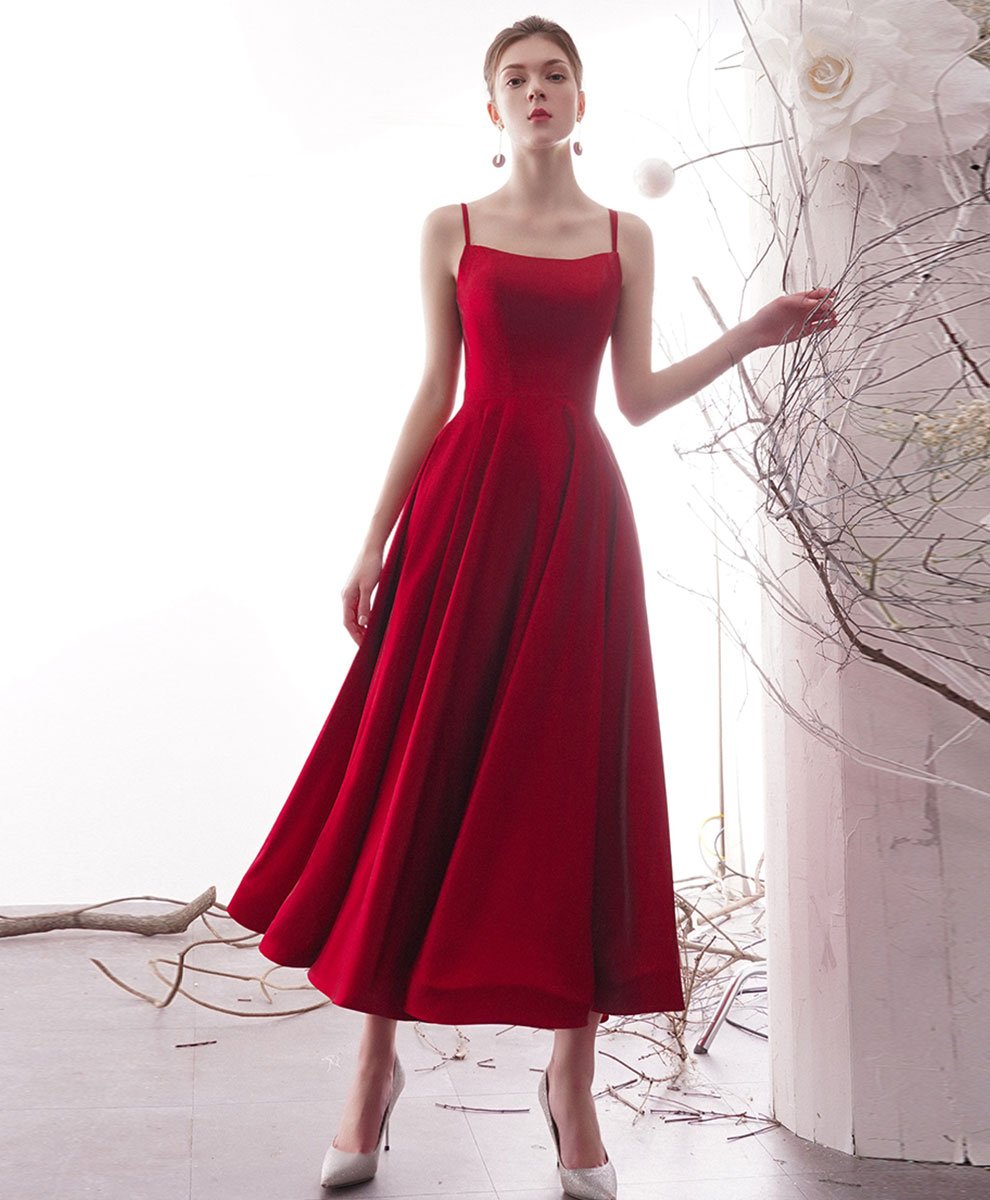 Simple Red Satin Tea Length Prom Dress Red Formal Dress