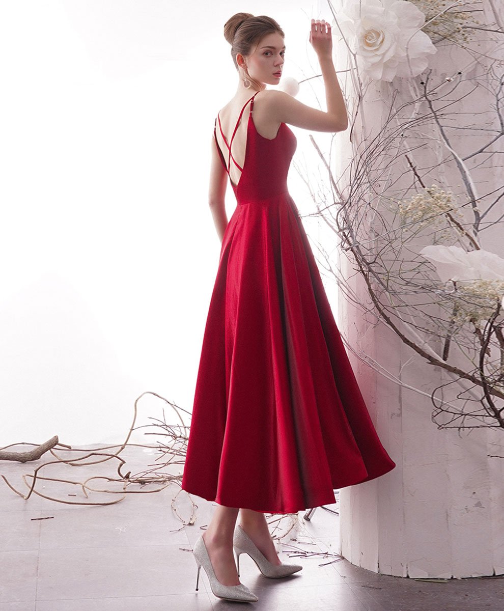 Simple Red Satin Tea Length Prom Dress Red Formal Dress on Luulla