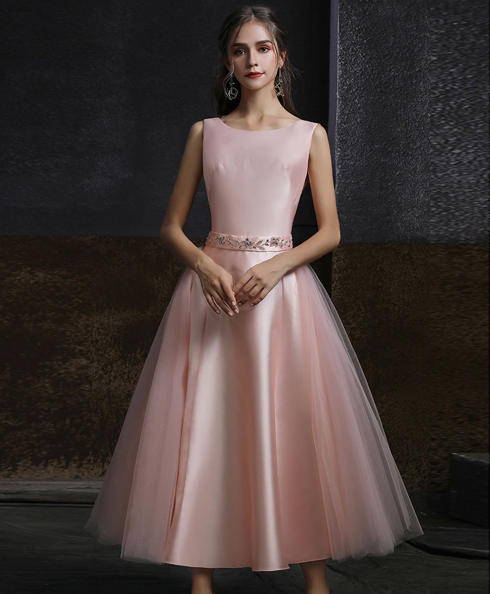 Pink Round Neck Tulle Short Prom Dress Pink Tulle Bridesmaid Dress