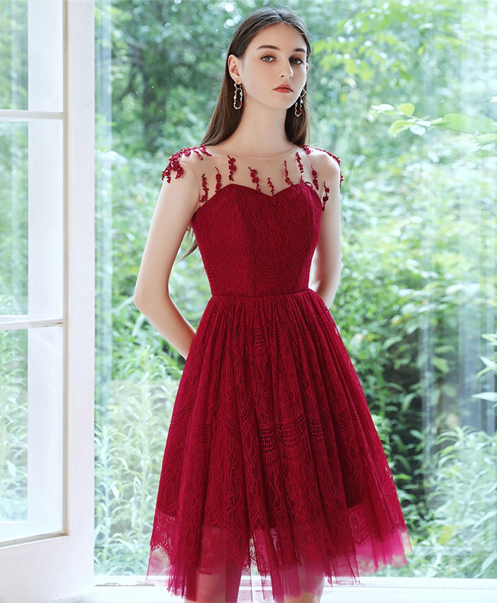 Burgundy Round Neck Tulle Lace Short Prom Dress Burgundy Cocktail Dress