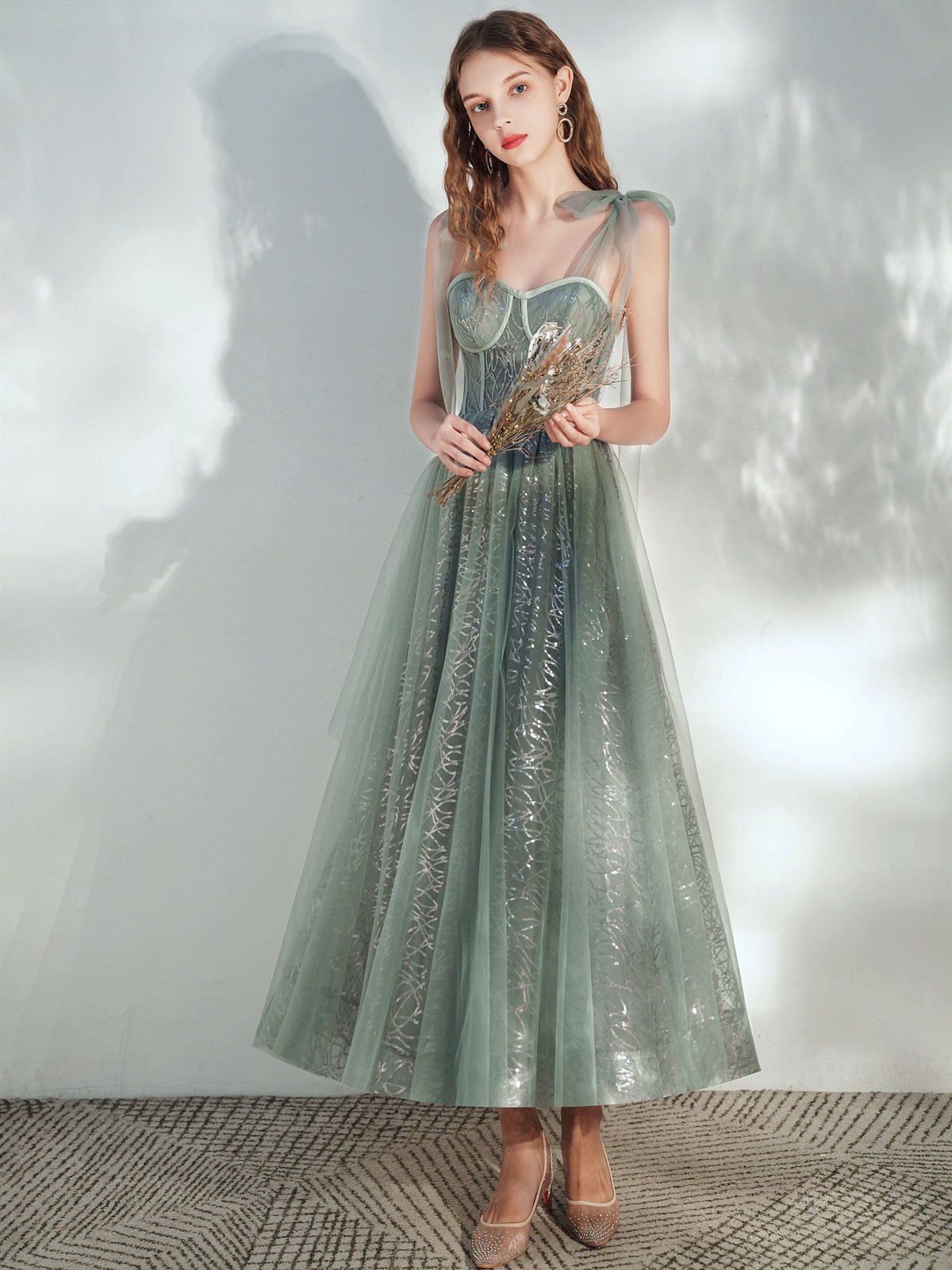 Green A -line Tulle Lace Tea Length Prom Dress Green Evening Dress