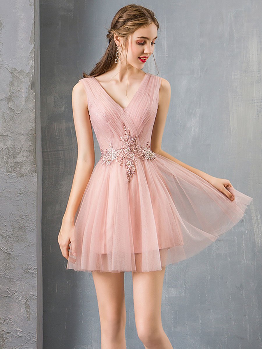 Pink v neck tulle lace short prom dress, Slim-fit homecoming dress main image 0