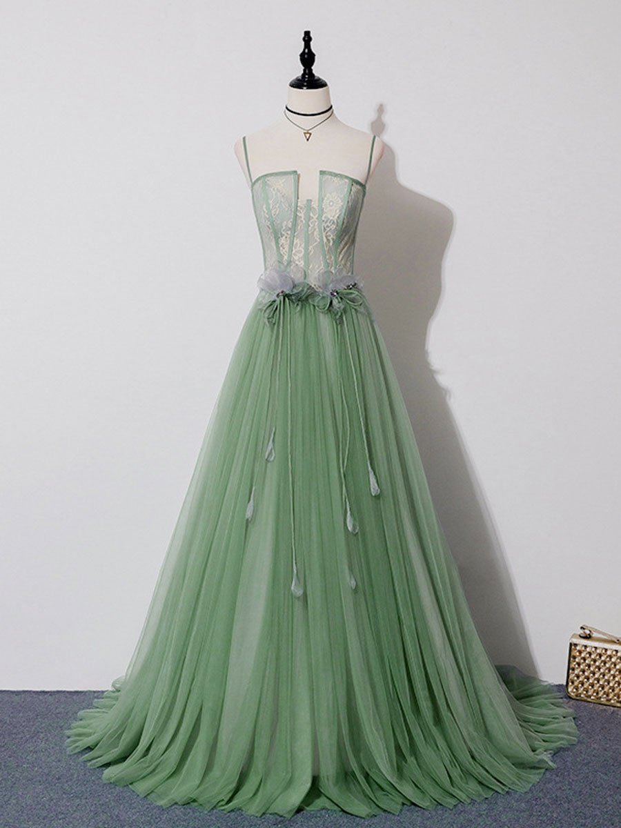Green Tulle Lace Long Prom Dress Green Tulle Evening Dress