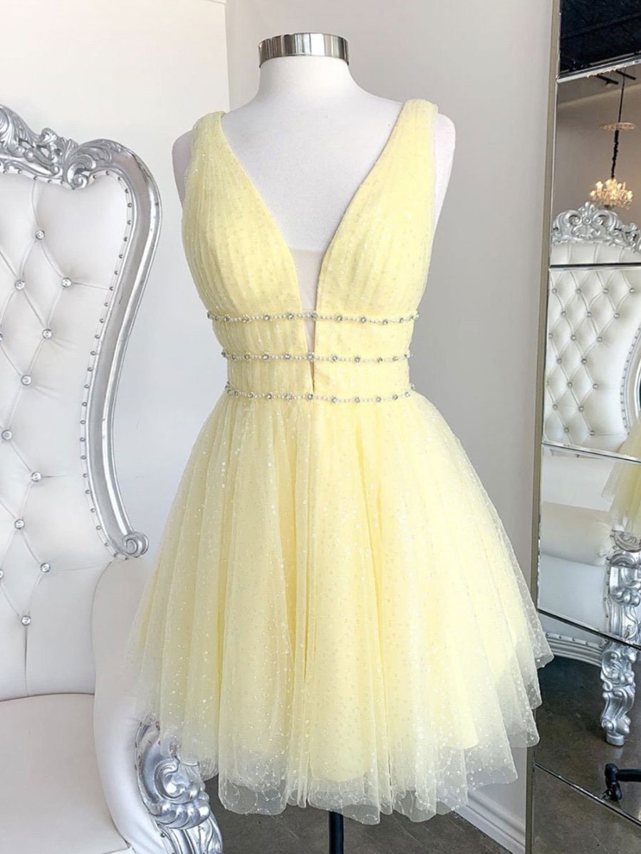 Cute Yellow V Neck Tulle Beads Short Prom Dress Yellow Homecoming Dress on Luulla