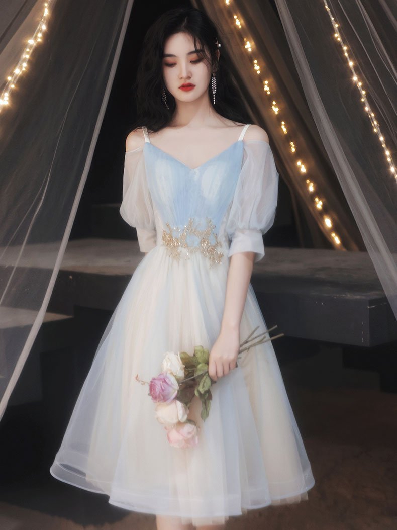 Blue Tulle Lace Split Neck A-Line Short Homecoming Dress