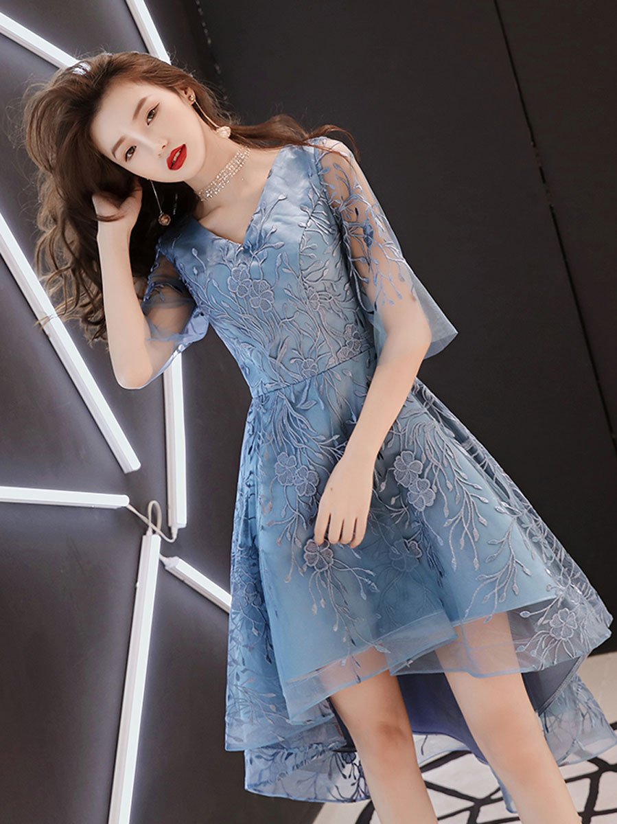 Blue V Neck Tulle Beadings Prom Dress LBQ0930