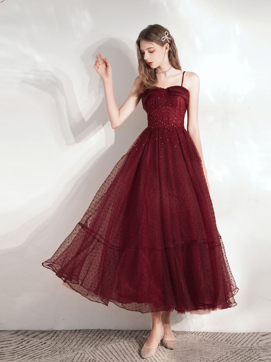 Burgundy Sweetheart Tulle Lace Tea Length Prom Dress,evening Dresses