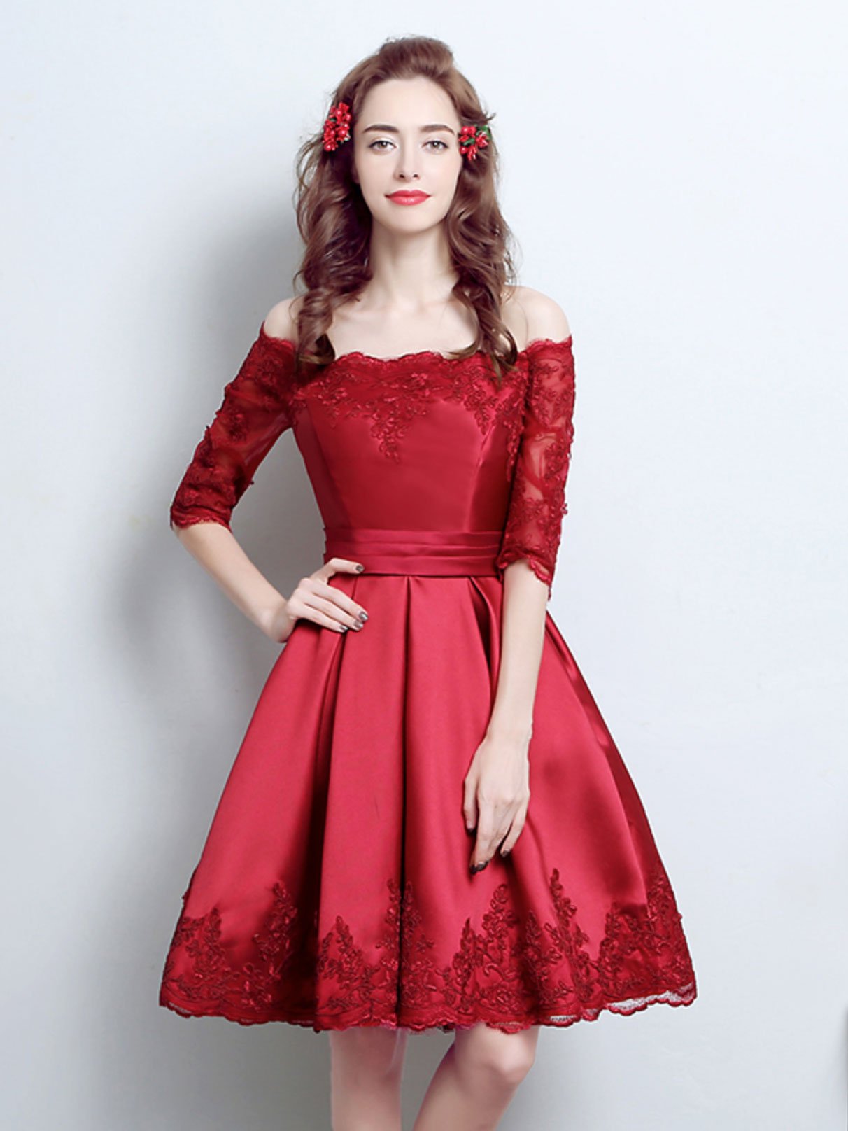 Burgundy Lace Satin Short Prom Dress,burgundy Bridesmaid Dress