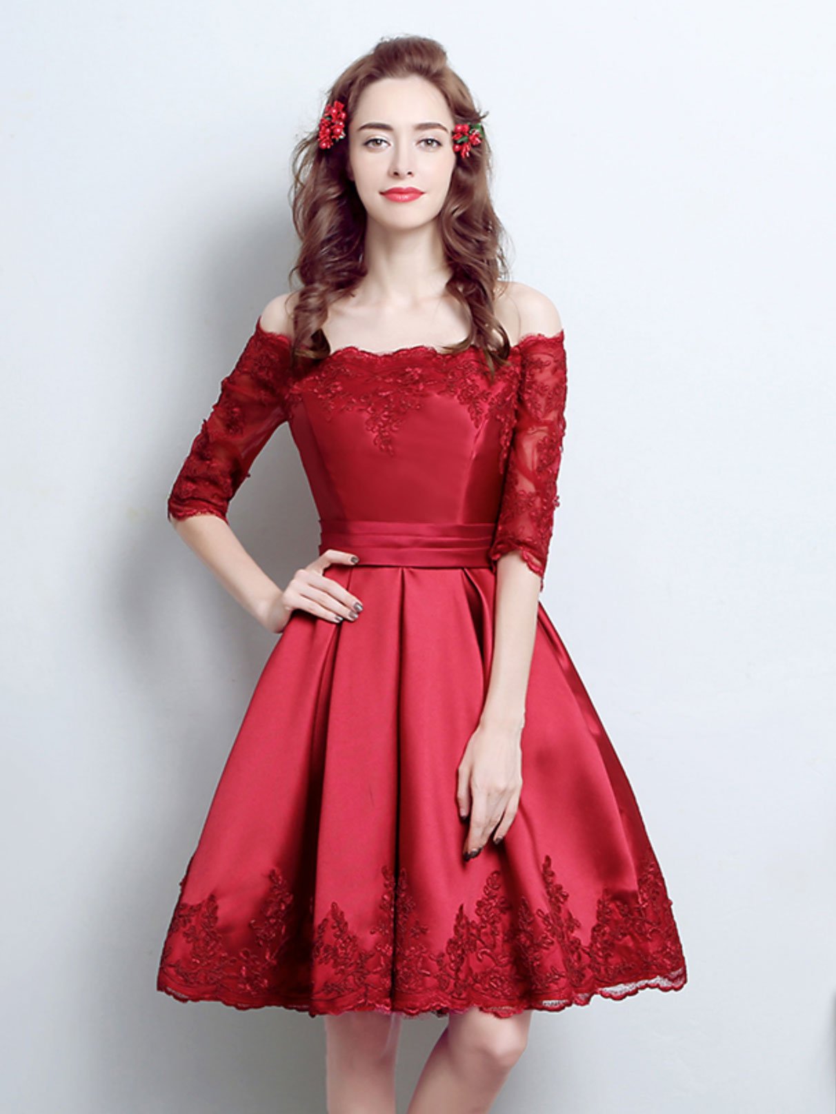 Burgundy Lace Satin Short Prom Dress,burgundy Bridesmaid Dress on Luulla