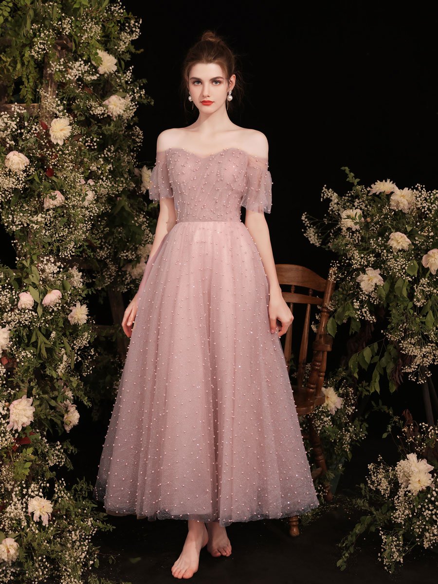 Pink Sweetheart Tulle Tea Length Prom Dress,pink Formal Dress