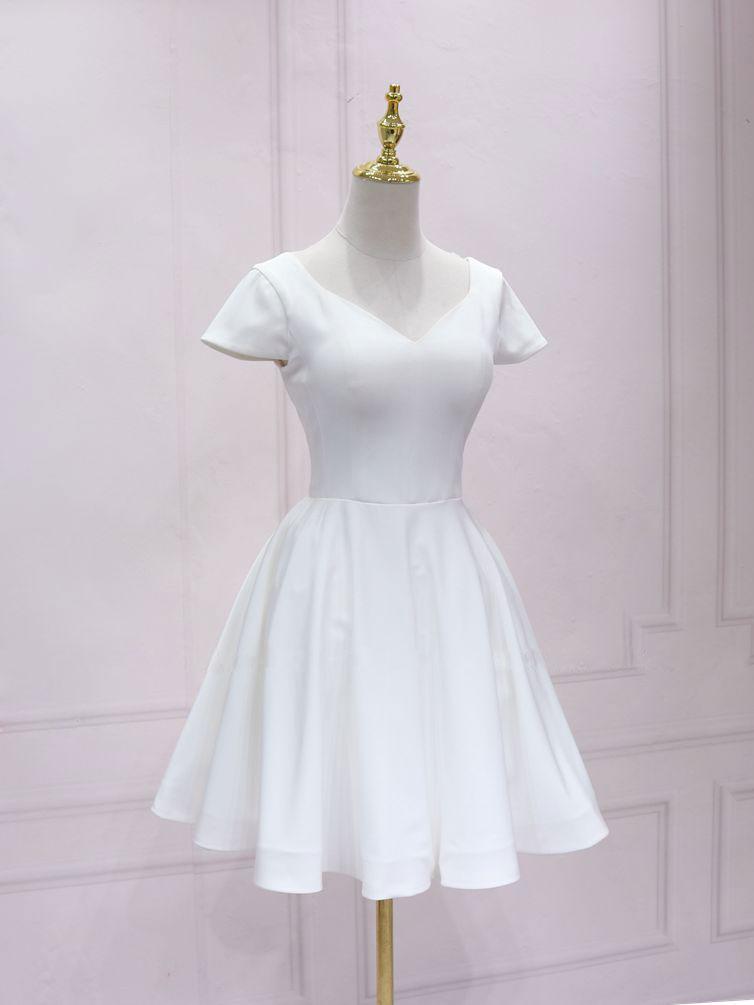 Simple White V Neck Lace Short Prom Dress,white Bridesmaid Dress