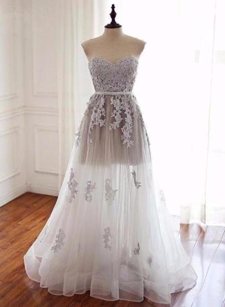 Light Grey Tulle Prom Dresses, Lace And Tulle Party Dresses, Formal Gowns